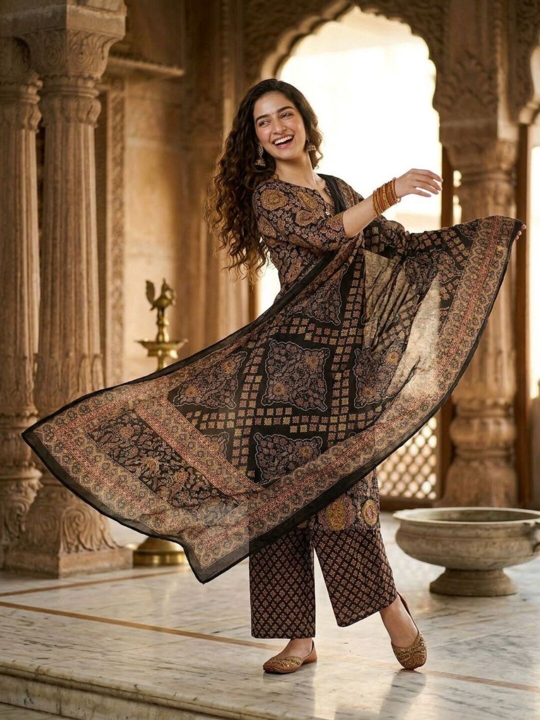 Ajrakh Printed Kantha Work Straight Kurta with Pyjama & Dupatta - Multicolor