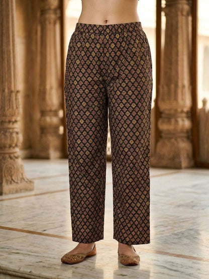 Ajrakh Printed Kantha Work Straight Kurta with Pyjama & Dupatta - Multicolor