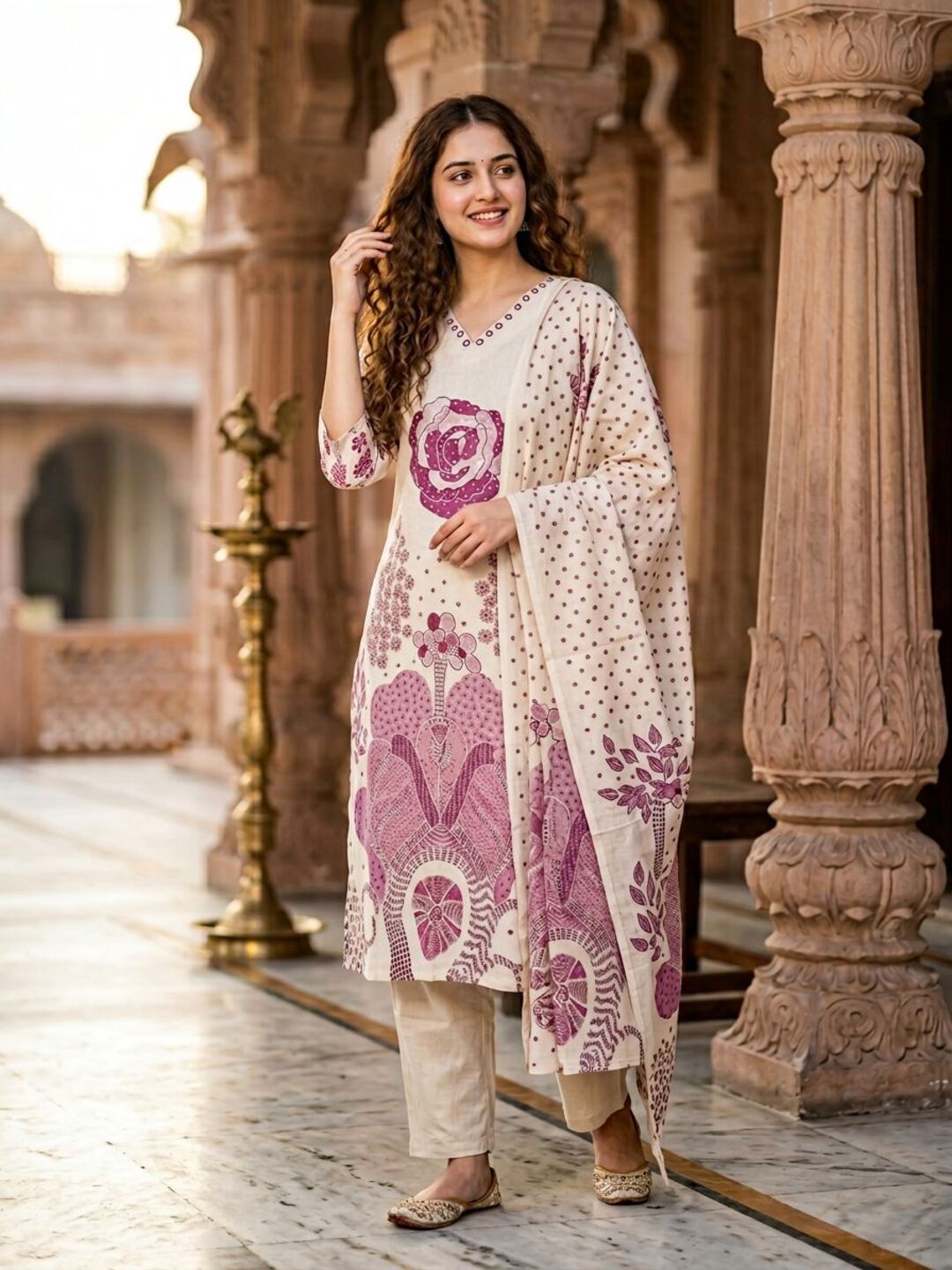Floral Abstract Printed Mirror Work Straight Kurta with Palazzo & Dupatta - Cream
