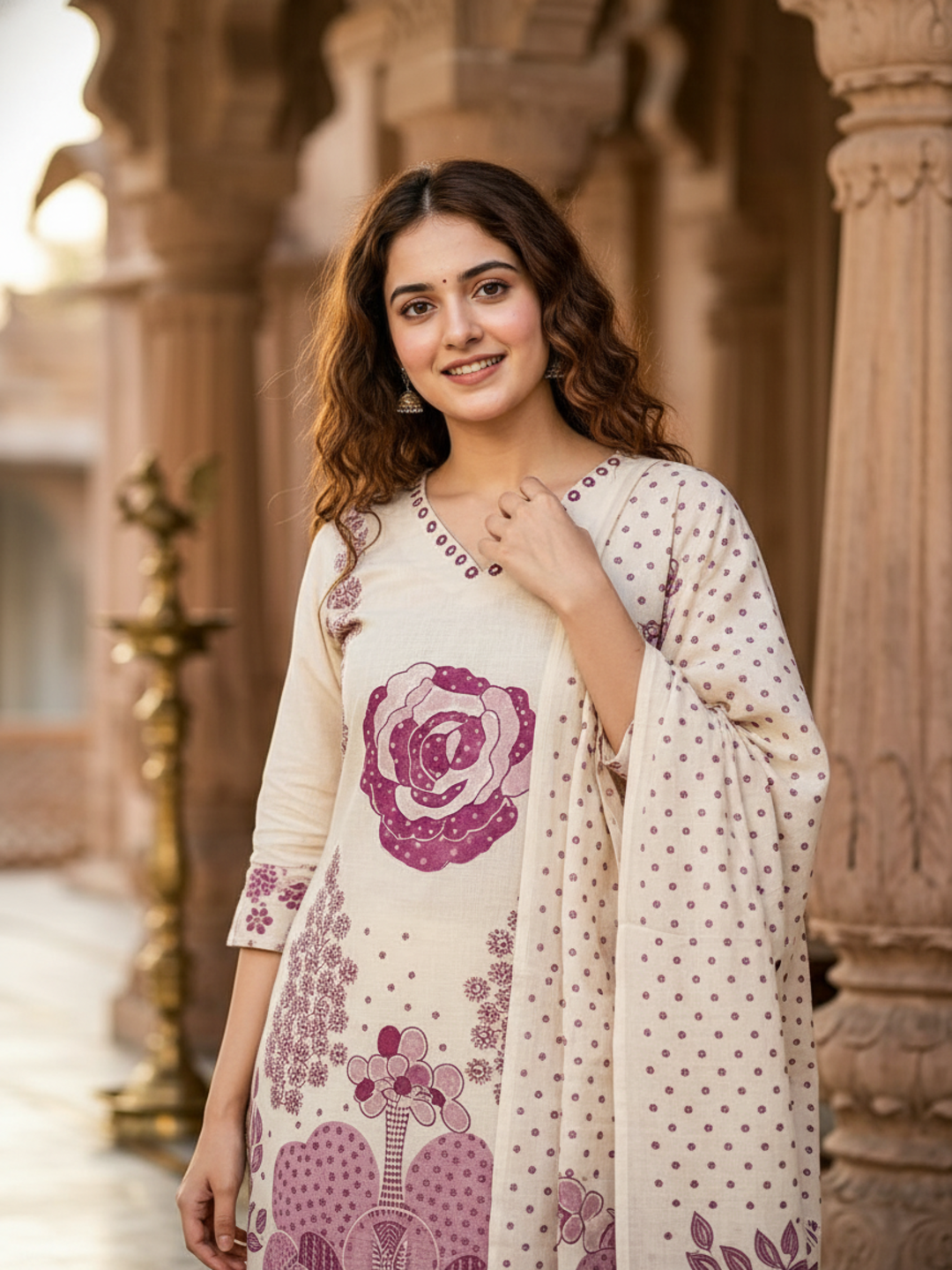 Floral Abstract Printed Mirror Work Straight Kurta with Palazzo & Dupatta - Cream