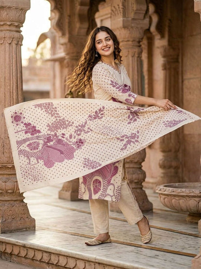 Floral Abstract Printed Mirror Work Straight Kurta with Palazzo & Dupatta - Cream
