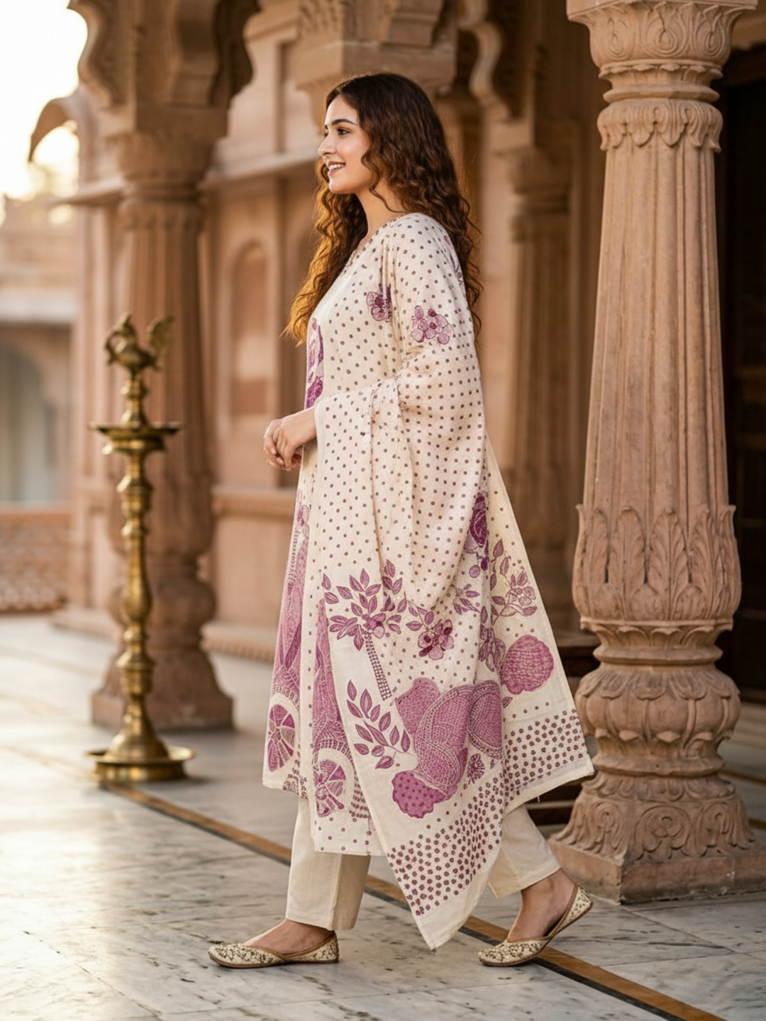 Floral Abstract Printed Mirror Work Straight Kurta with Palazzo & Dupatta - Cream