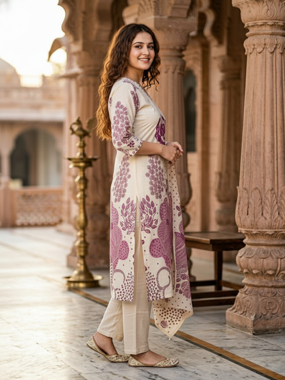 Floral Abstract Printed Mirror Work Straight Kurta with Palazzo & Dupatta - Cream