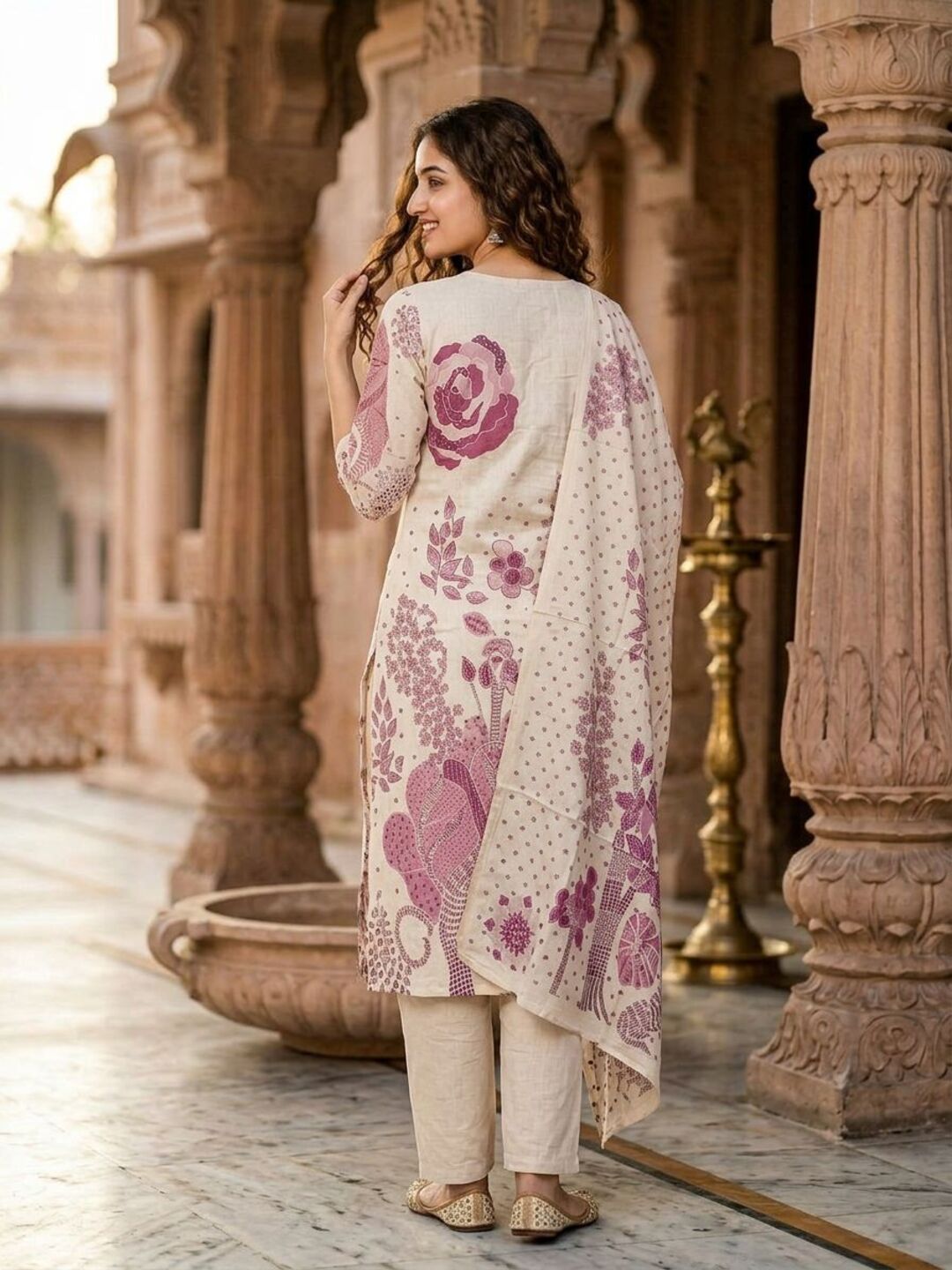 Floral Abstract Printed Mirror Work Straight Kurta with Palazzo & Dupatta - Cream