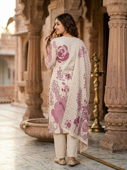 Floral Abstract Printed Mirror Work Straight Kurta with Palazzo & Dupatta - Cream