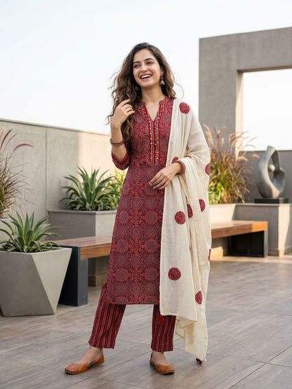 Ajrakh Printed Sequin Straight Kurta with Pyjama & Dupatta - Red