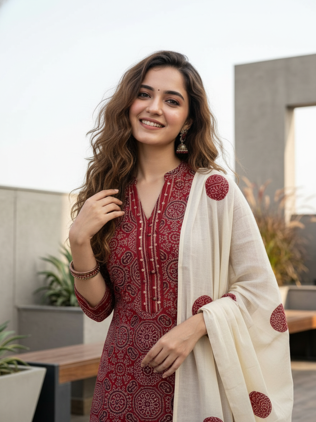 Ajrakh Printed Sequin Straight Kurta with Pyjama & Dupatta - Red