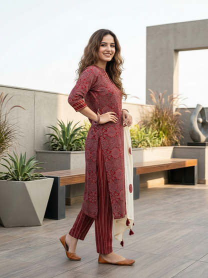 Ajrakh Printed Sequin Straight Kurta with Pyjama & Dupatta - Red