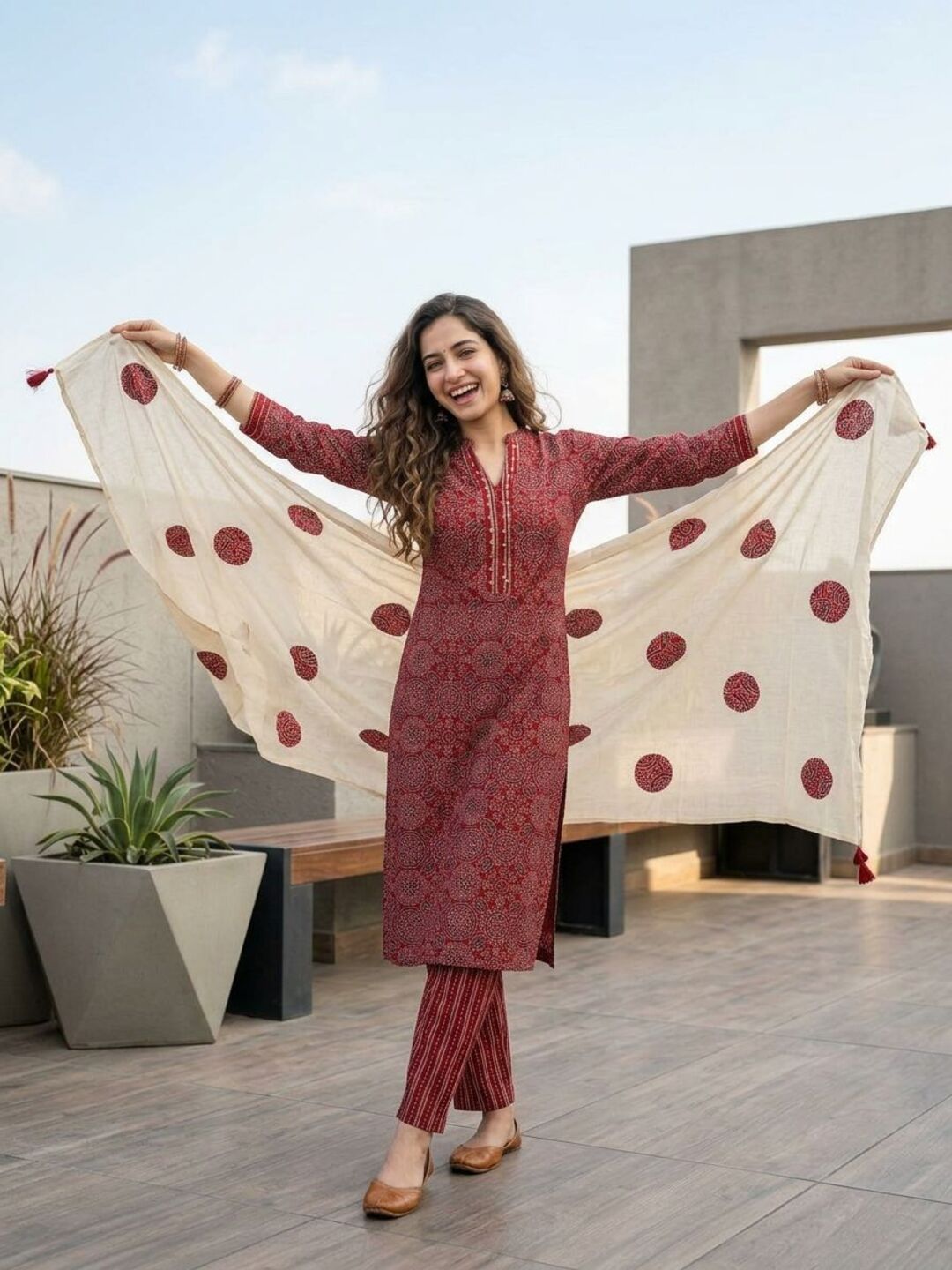 Ajrakh Printed Sequin Straight Kurta with Pyjama & Dupatta - Red