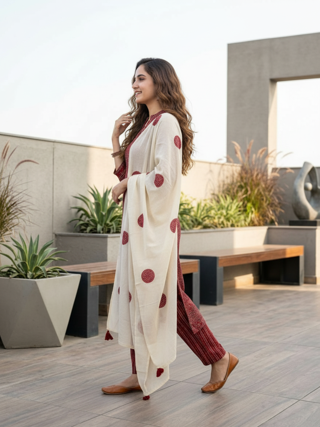 Ajrakh Printed Sequin Straight Kurta with Pyjama & Dupatta - Red