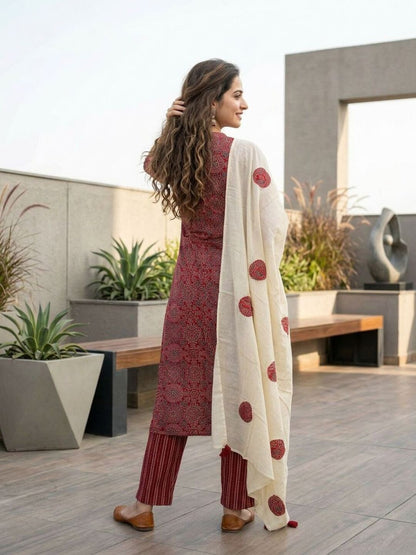 Ajrakh Printed Sequin Straight Kurta with Pyjama & Dupatta - Red