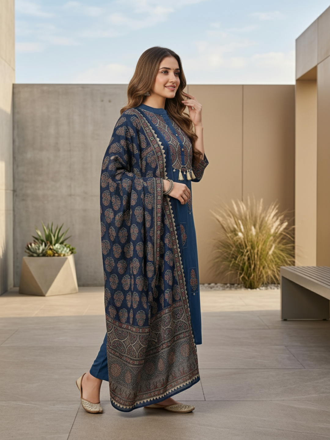 Ajrakh Printed Straight Kurta with Pyjama & Dupatta - Indigo Blue