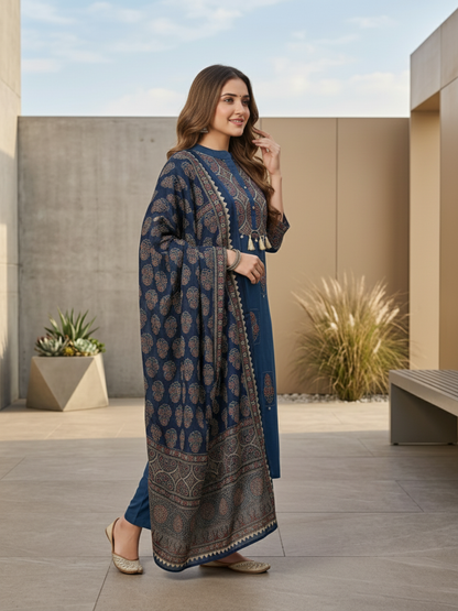 Ajrakh Printed Straight Kurta with Pyjama & Dupatta - Indigo Blue