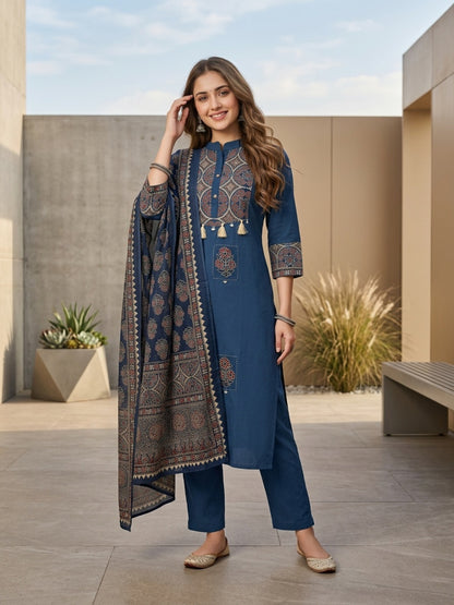 Ajrakh Printed Straight Kurta with Pyjama & Dupatta - Indigo Blue