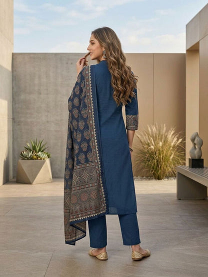 Ajrakh Printed Straight Kurta with Pyjama & Dupatta - Indigo Blue
