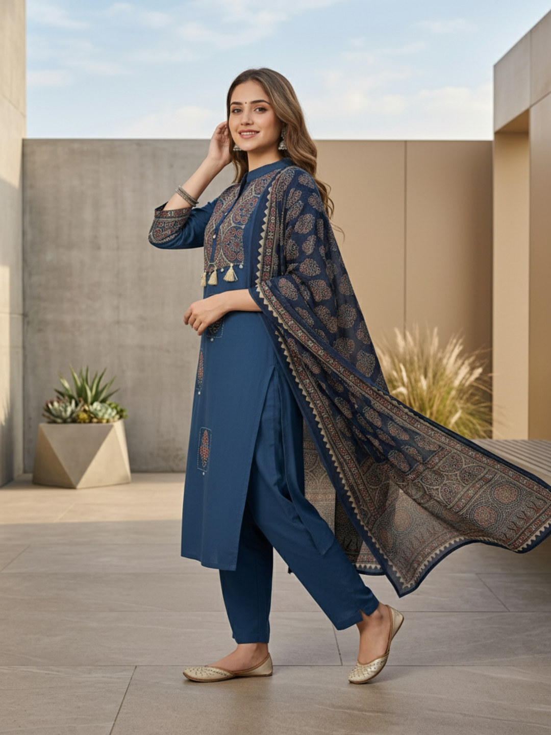 Ajrakh Printed Straight Kurta with Pyjama & Dupatta - Indigo Blue