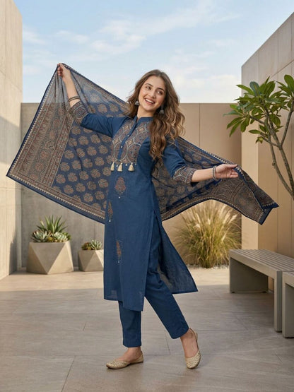 Ajrakh Printed Straight Kurta with Pyjama & Dupatta - Indigo Blue