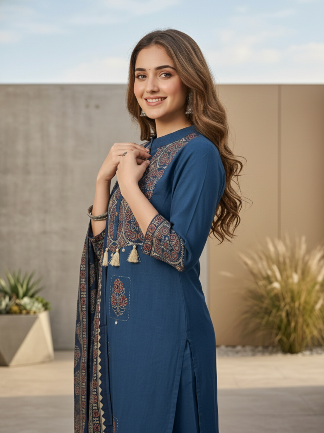 Ajrakh Printed Straight Kurta with Pyjama & Dupatta - Indigo Blue