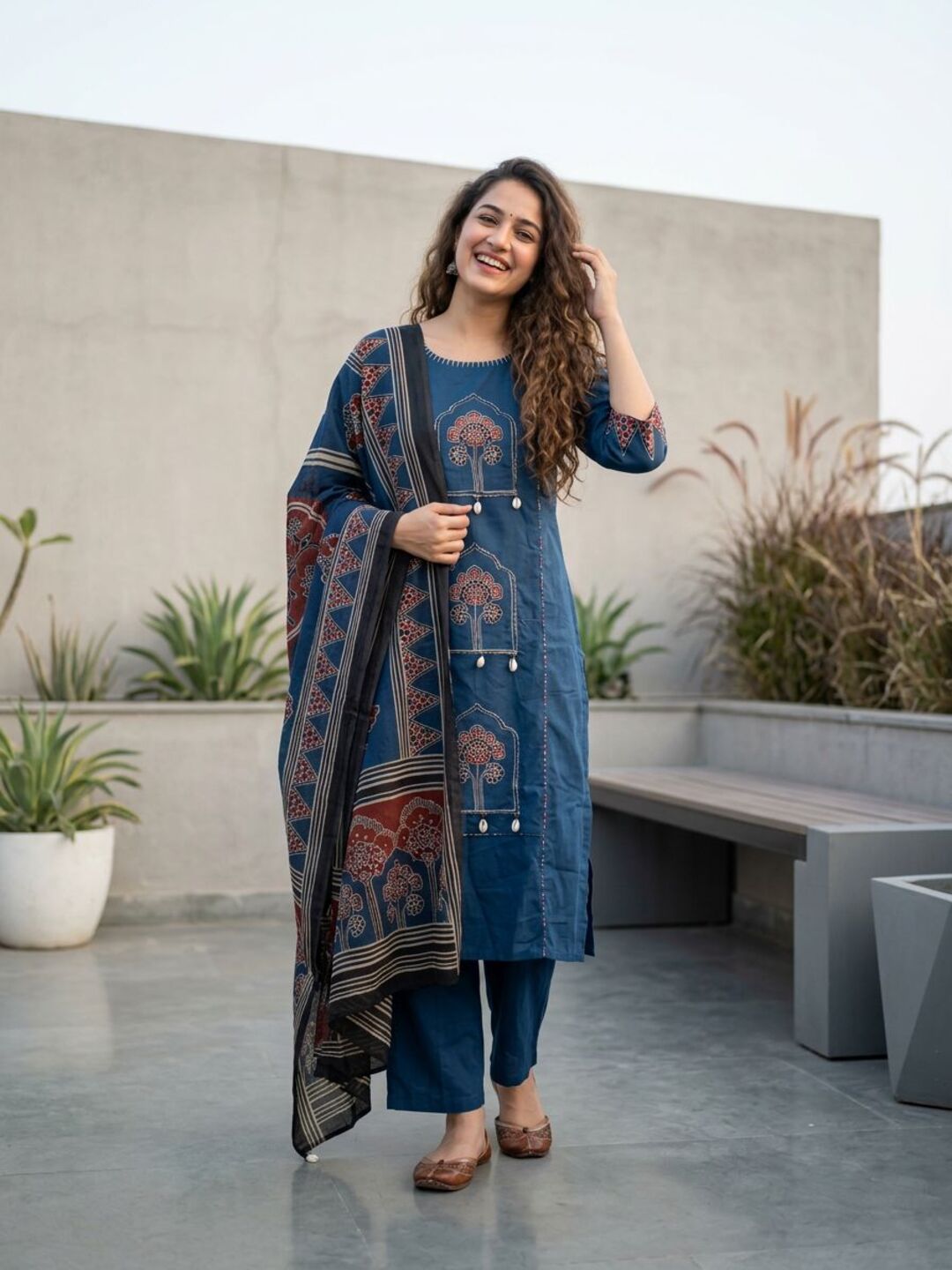 Jharokha Printed Straight Kurta with Pyjama & Dupatta - Blue