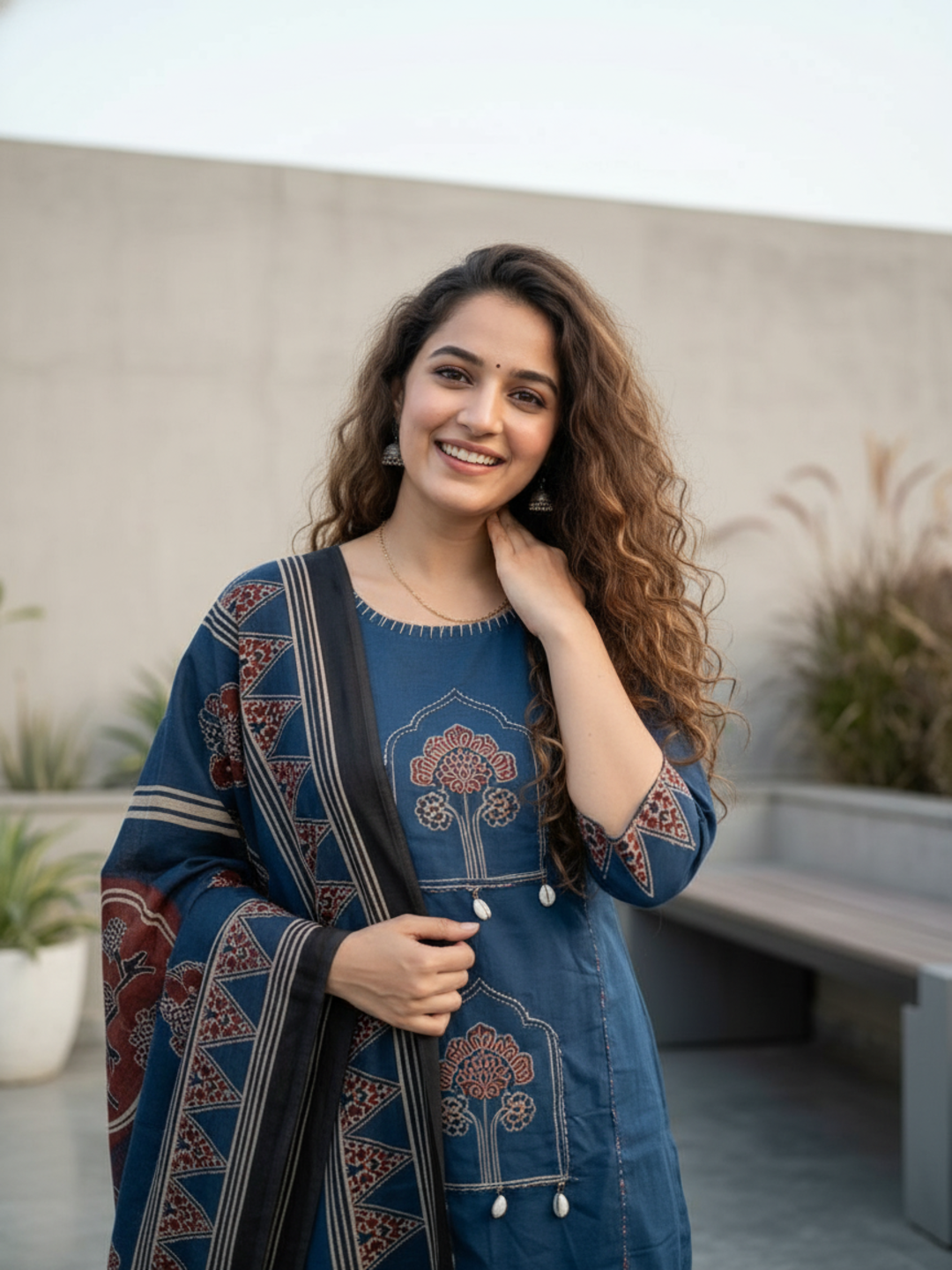 Jharokha Printed Straight Kurta with Pyjama & Dupatta - Blue