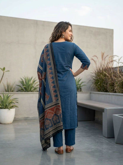 Jharokha Printed Straight Kurta with Pyjama & Dupatta - Blue