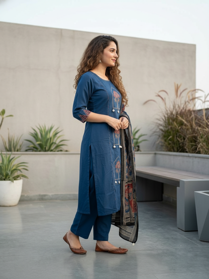 Jharokha Printed Straight Kurta with Pyjama & Dupatta - Blue