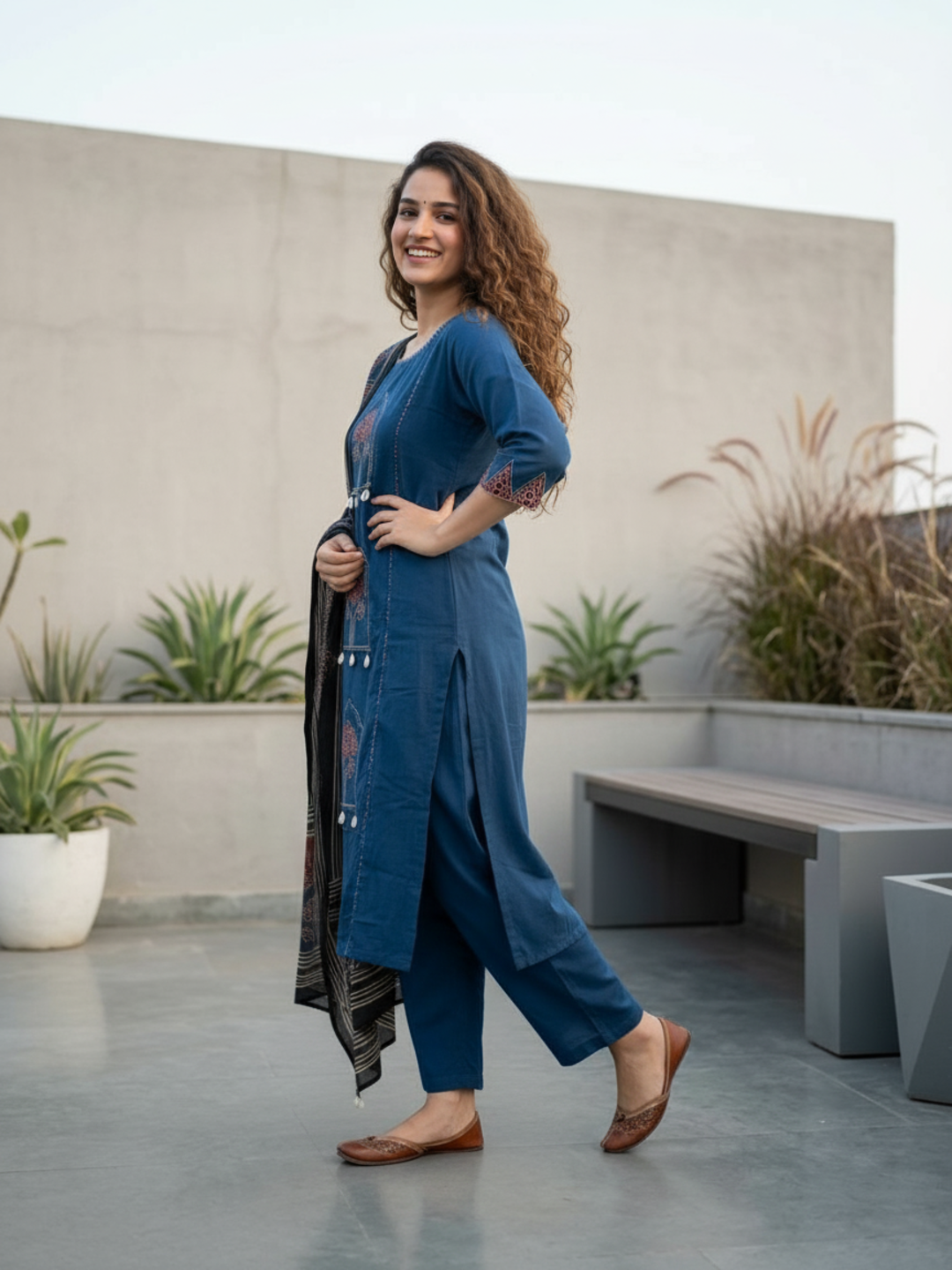 Jharokha Printed Straight Kurta with Pyjama & Dupatta - Blue