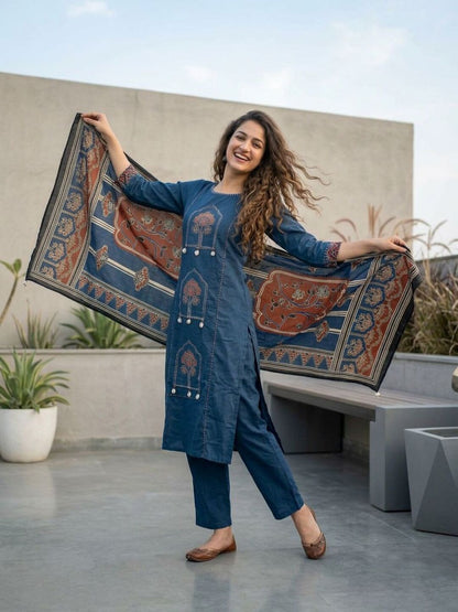 Jharokha Printed Straight Kurta with Pyjama & Dupatta - Blue