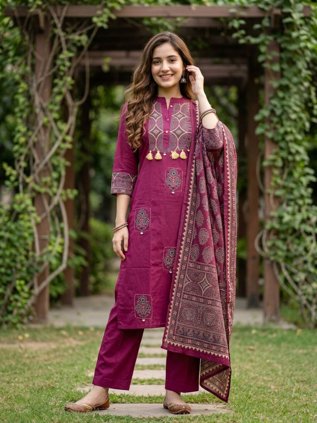 Ajrakh Printed Straight Kurta with Pyjama & Dupatta - Magenta