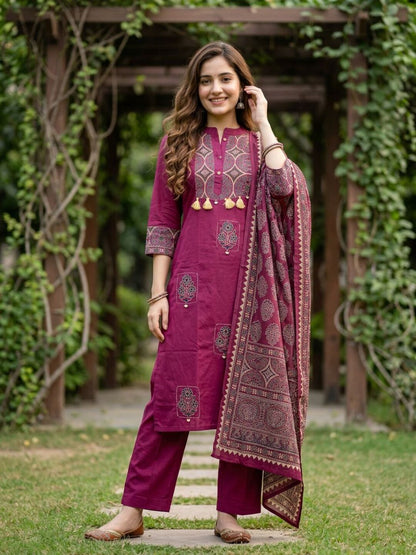 Ajrakh Printed Straight Kurta with Pyjama & Dupatta - Magenta