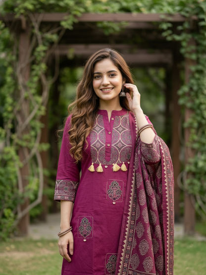 Ajrakh Printed Straight Kurta with Pyjama & Dupatta - Magenta