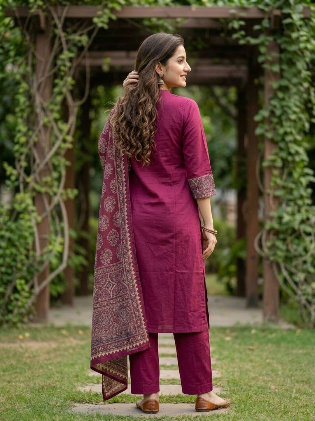 Ajrakh Printed Straight Kurta with Pyjama & Dupatta - Magenta