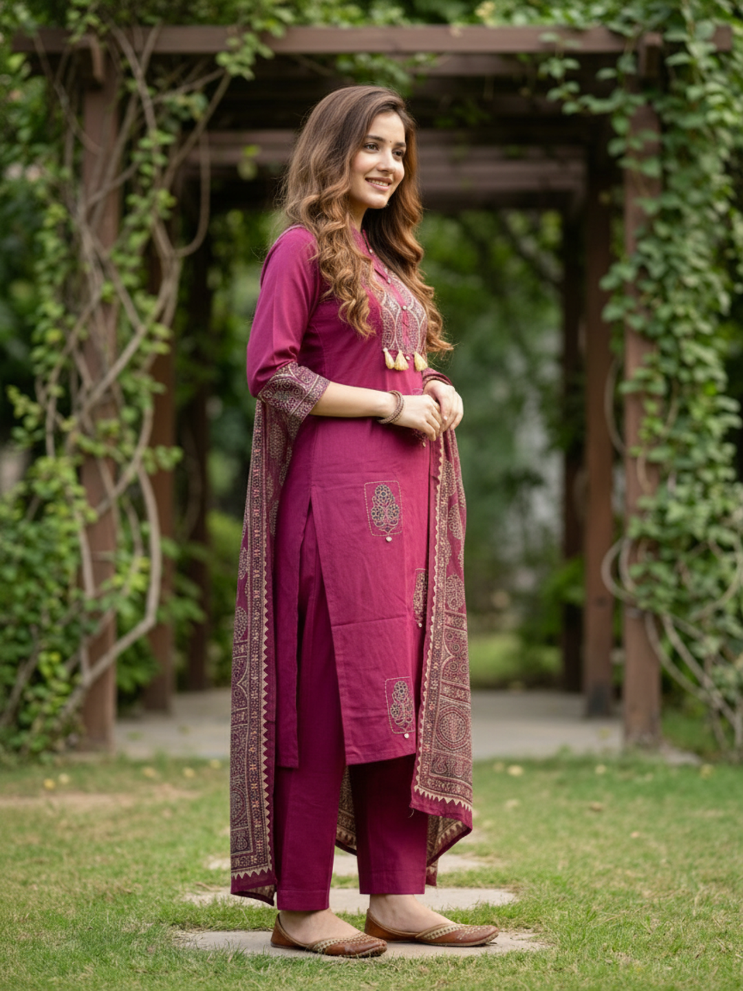 Ajrakh Printed Straight Kurta with Pyjama & Dupatta - Magenta