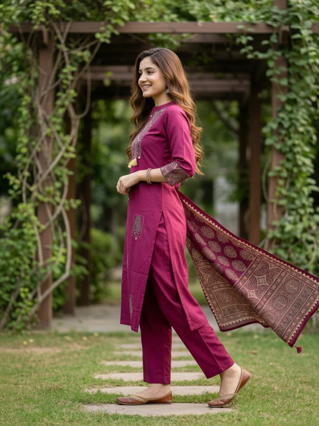 Ajrakh Printed Straight Kurta with Pyjama & Dupatta - Magenta
