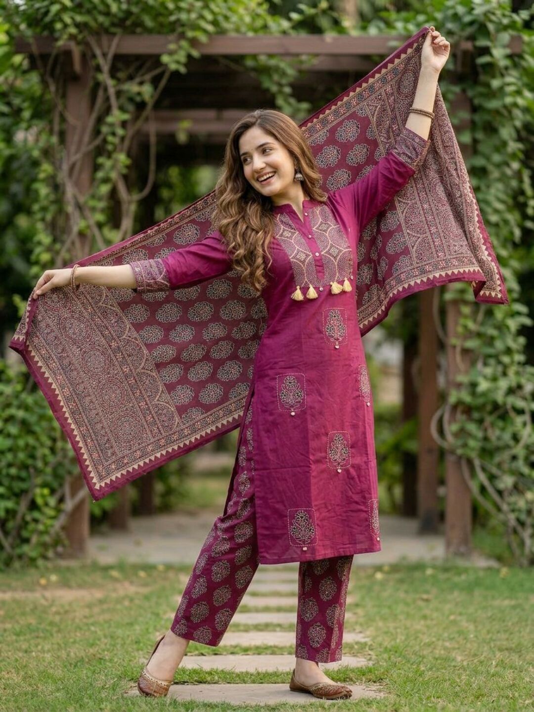 Ajrakh Printed Straight Kurta with Pyjama & Dupatta - Magenta