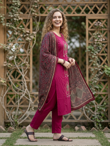 Jharokha Printed Straight Kurta with Pyjama & Dupatta - Magenta