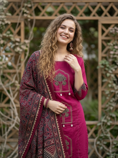 Jharokha Printed Straight Kurta with Pyjama & Dupatta - Magenta