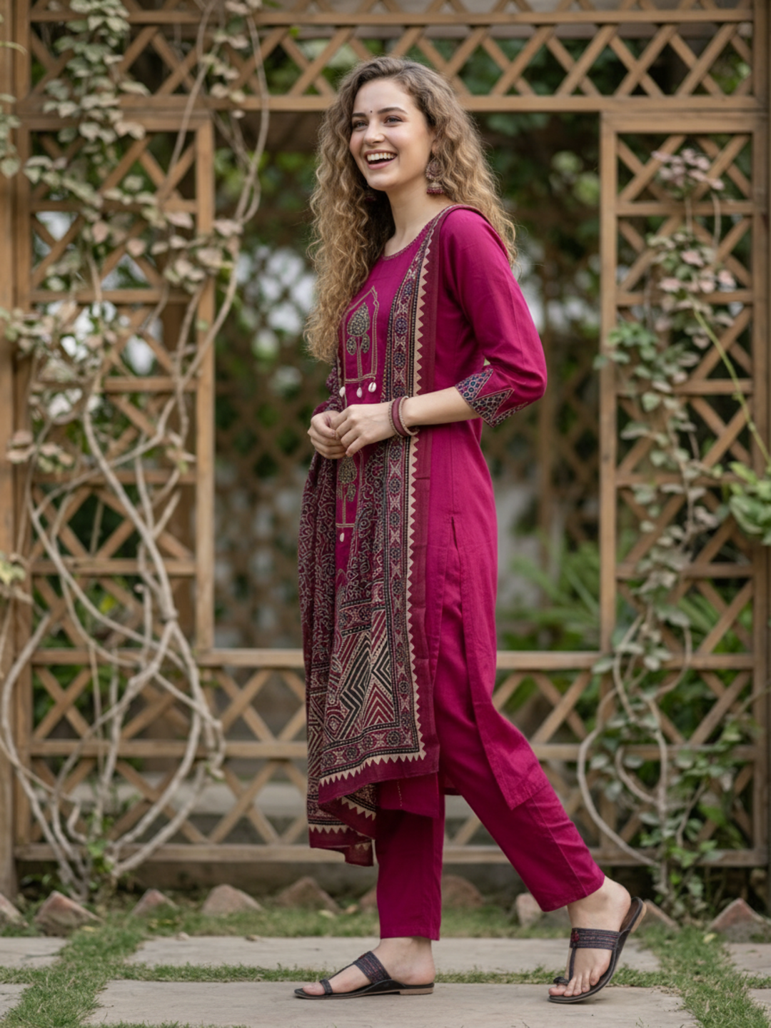 Jharokha Printed Straight Kurta with Pyjama & Dupatta - Magenta