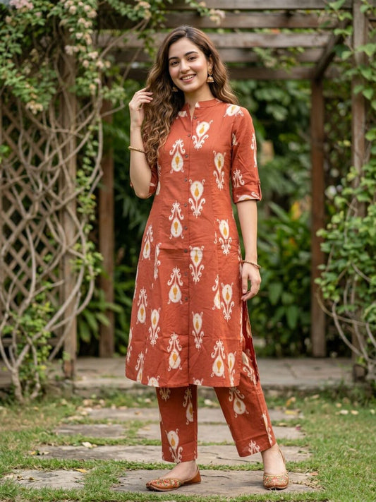 Ikat Boota Printed A-Line Kurta with Pyjama - Rust