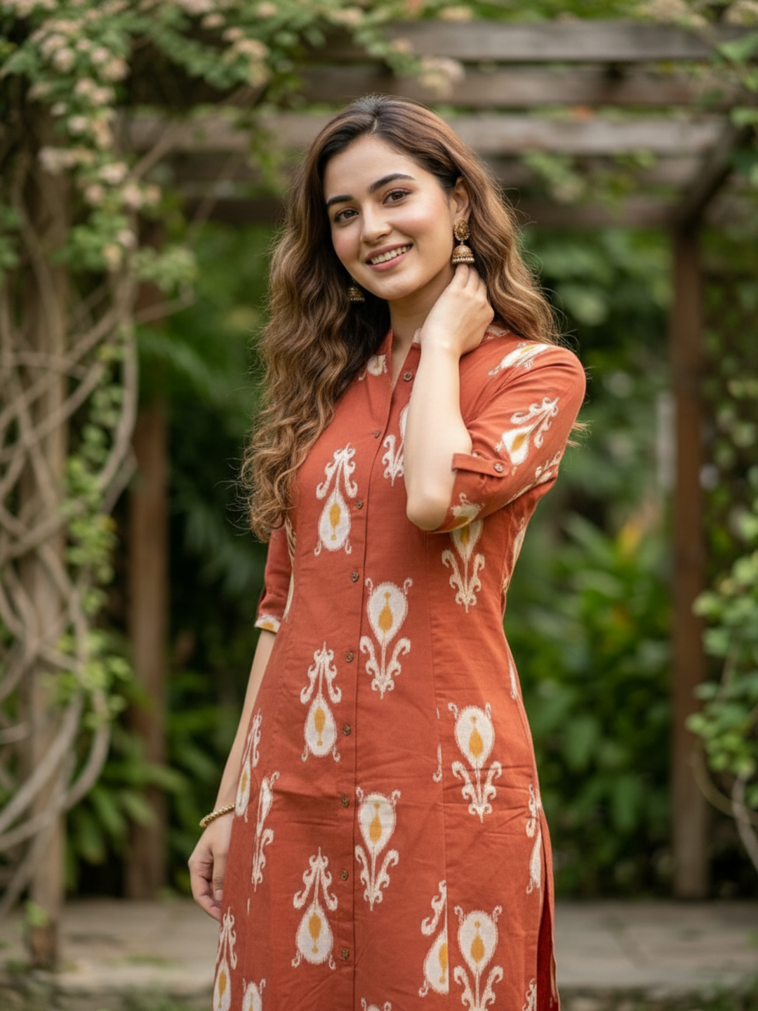 Ikat Boota Printed A-Line Kurta with Pyjama - Rust