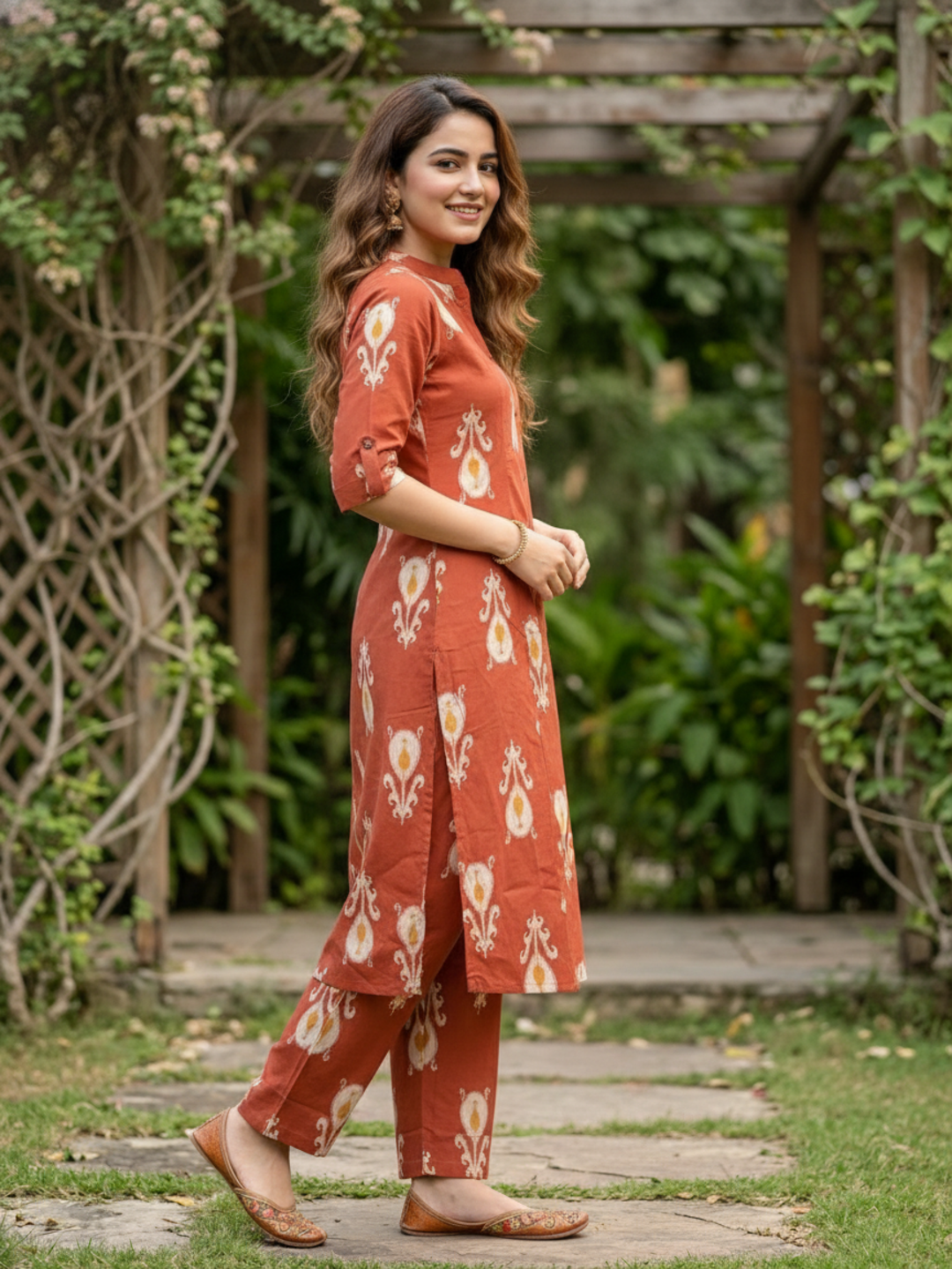 Ikat Boota Printed A-Line Kurta with Pyjama - Rust