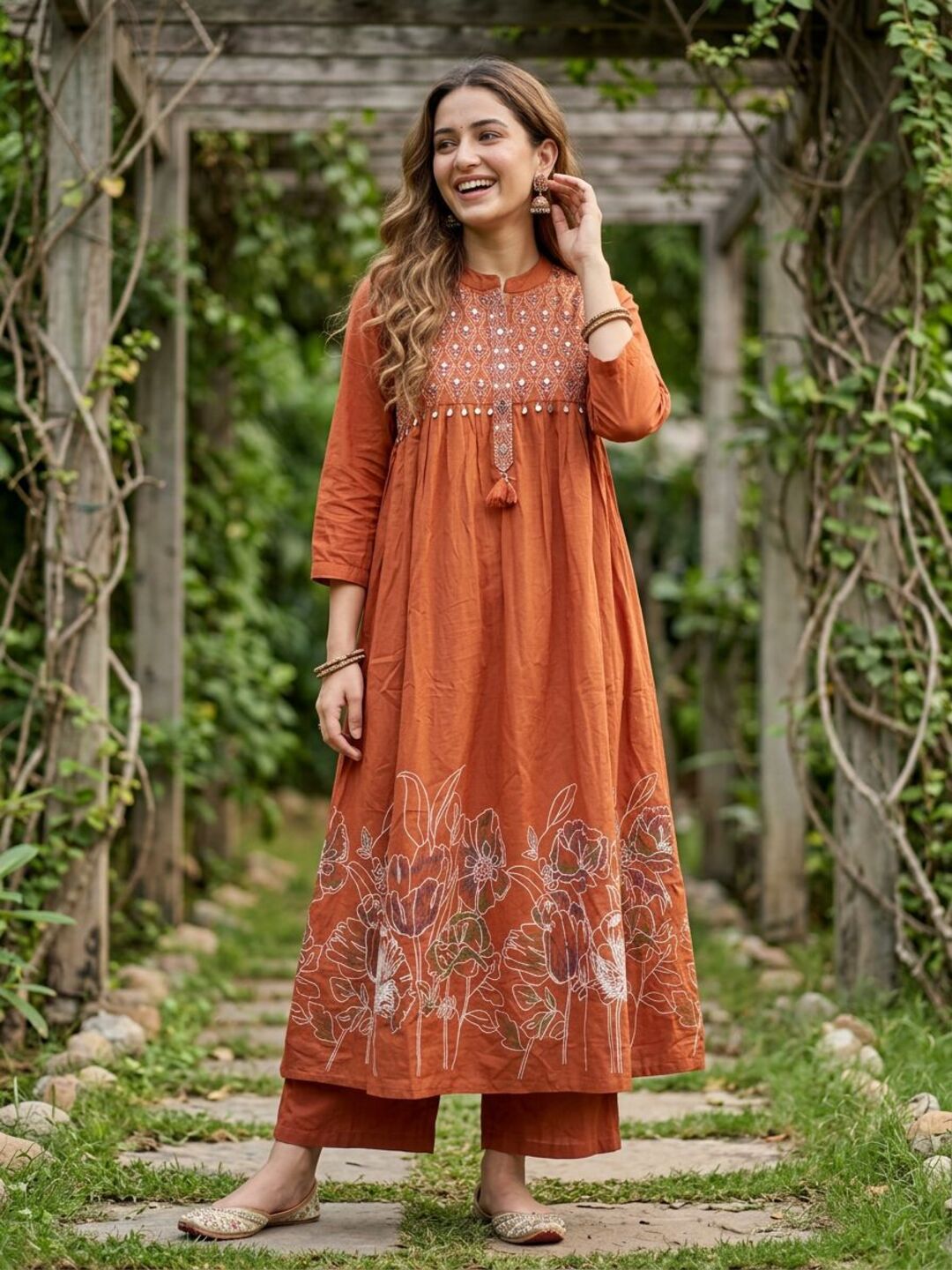 Abstract Printed Mirror Work Empire Cut A-Line Kurta with Palazzo - Rust