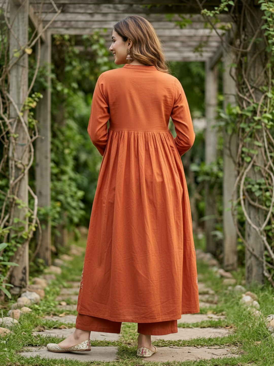 Abstract Printed Mirror Work Empire Cut A-Line Kurta with Palazzo - Rust