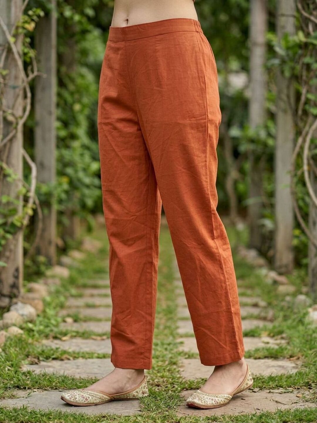 Abstract Printed Mirror Work Empire Cut A-Line Kurta with Palazzo - Rust