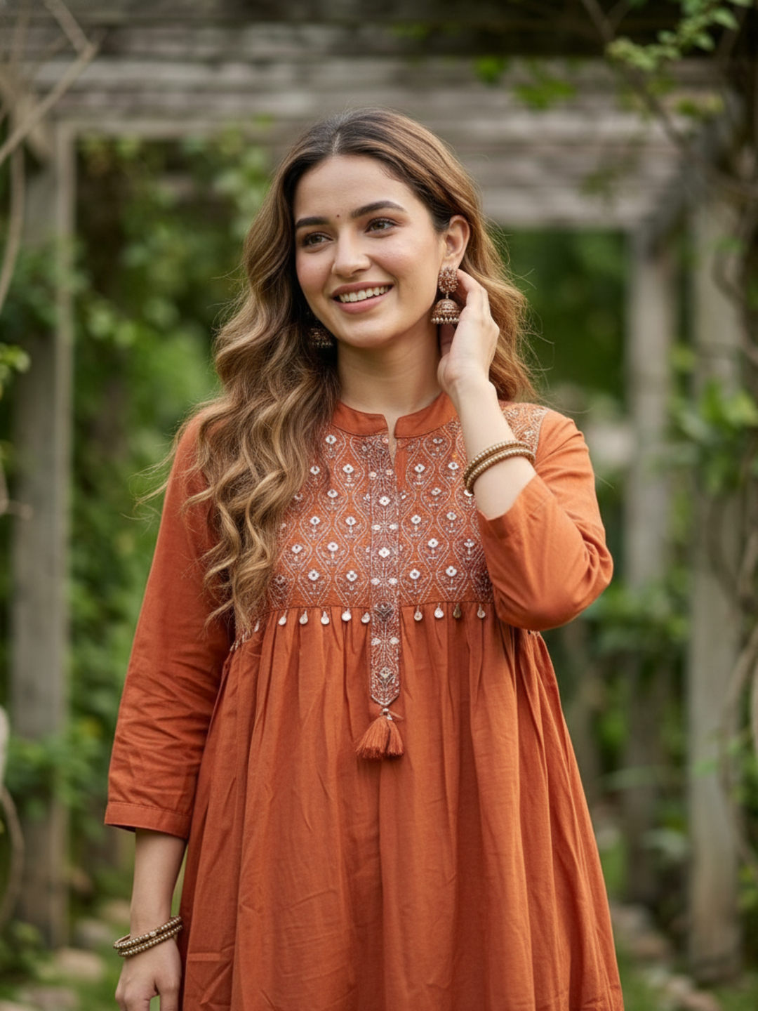 Abstract Printed Mirror Work Empire Cut A-Line Kurta with Palazzo - Rust