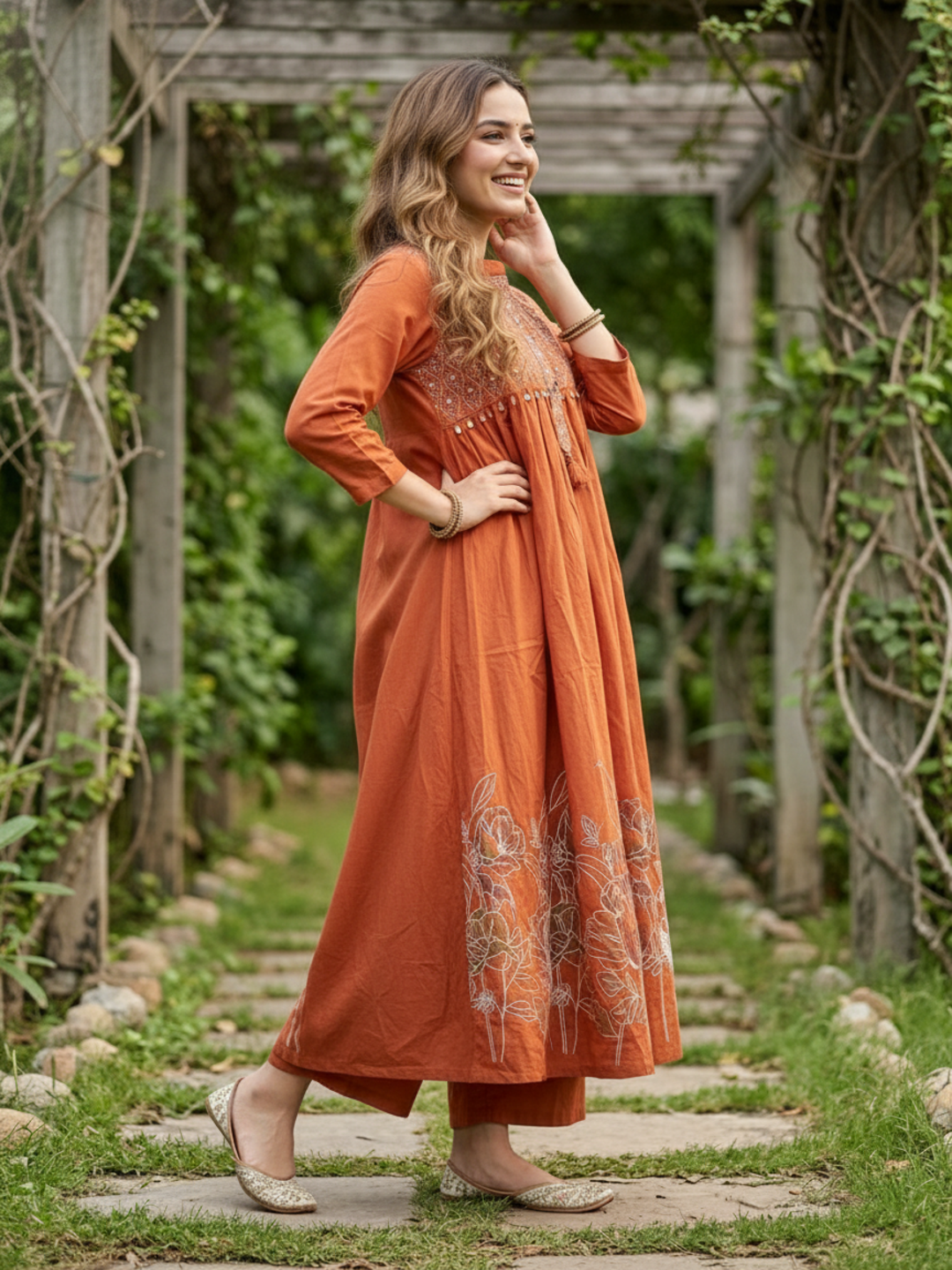 Abstract Printed Mirror Work Empire Cut A-Line Kurta with Palazzo - Rust