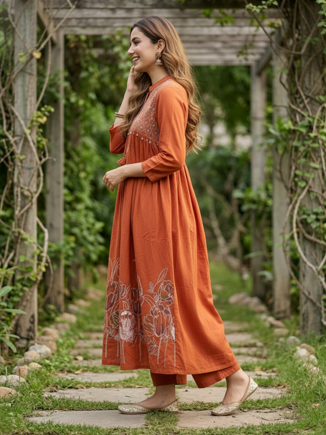 Abstract Printed Mirror Work Empire Cut A-Line Kurta with Palazzo - Rust