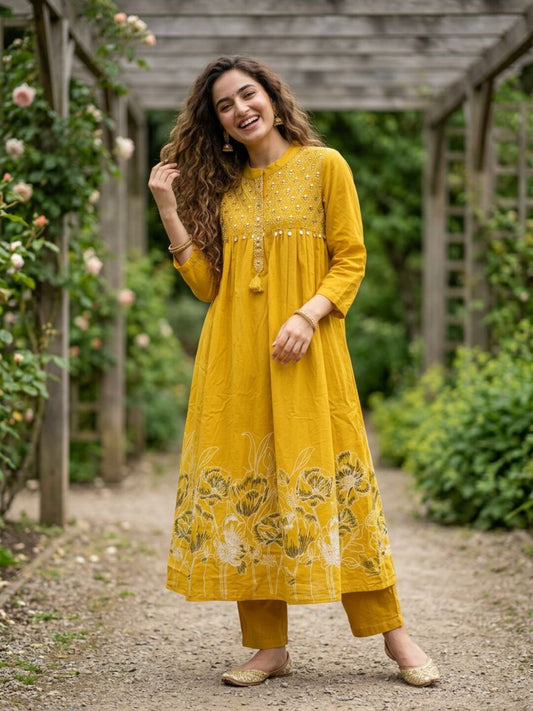 Abstract Printed Mirror Work Empire Cut A-Line Kurta with Palazzo - Yellow