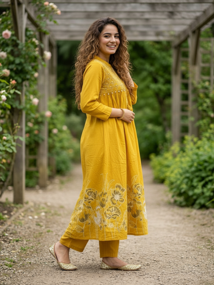 Abstract Printed Mirror Work Empire Cut A-Line Kurta with Palazzo - Yellow
