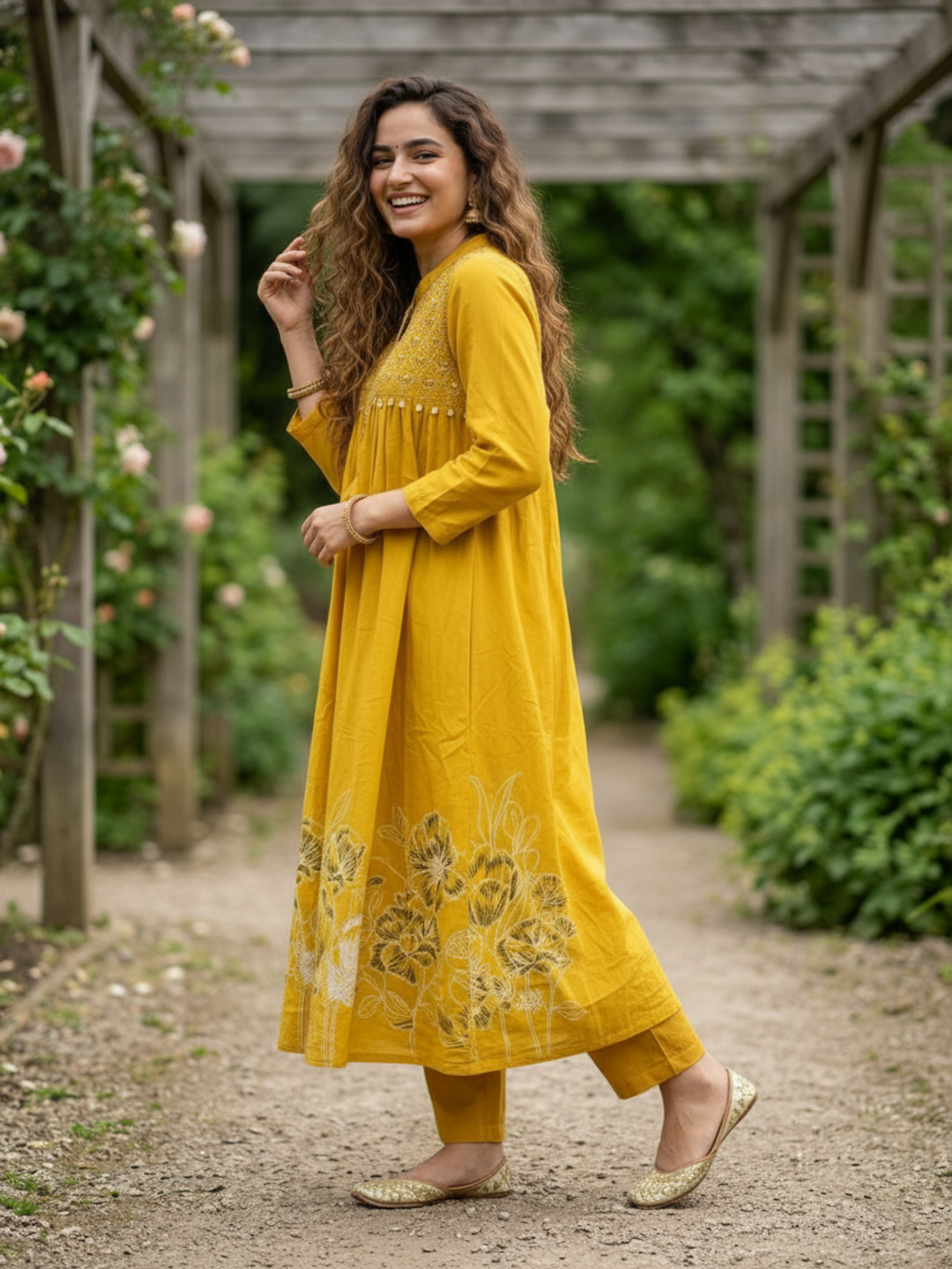 Abstract Printed Mirror Work Empire Cut A-Line Kurta with Palazzo - Yellow